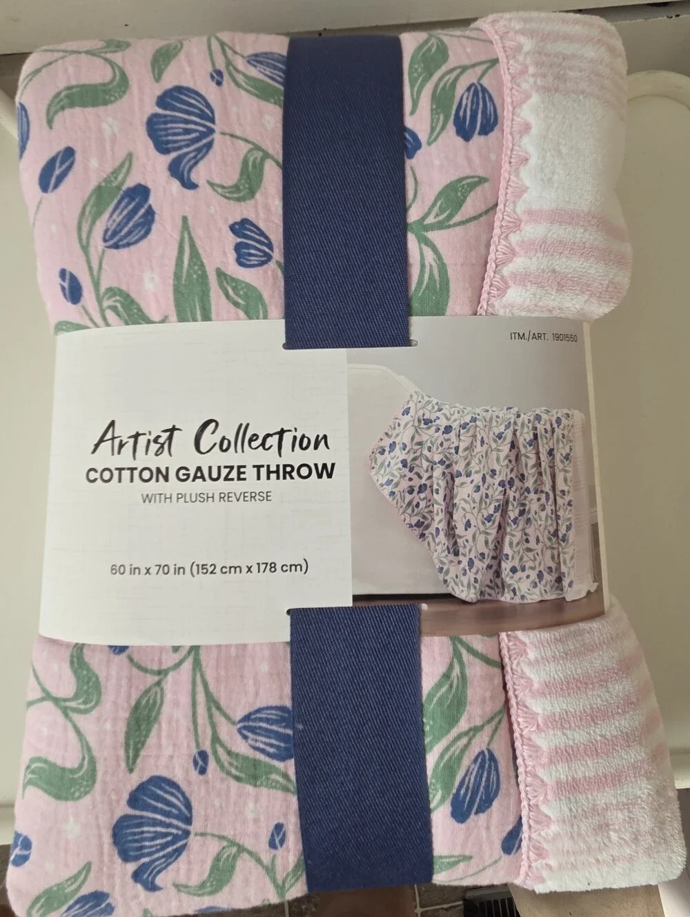 Artist Collection Cotton Gauze Floral Pink Throw Plush Striped Reverse 60x70 New